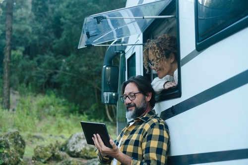 Happy,adult,couple,enjoy,travel,destination,with,motorhome,camper,van