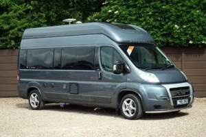 Grey campervan parked on gravel
